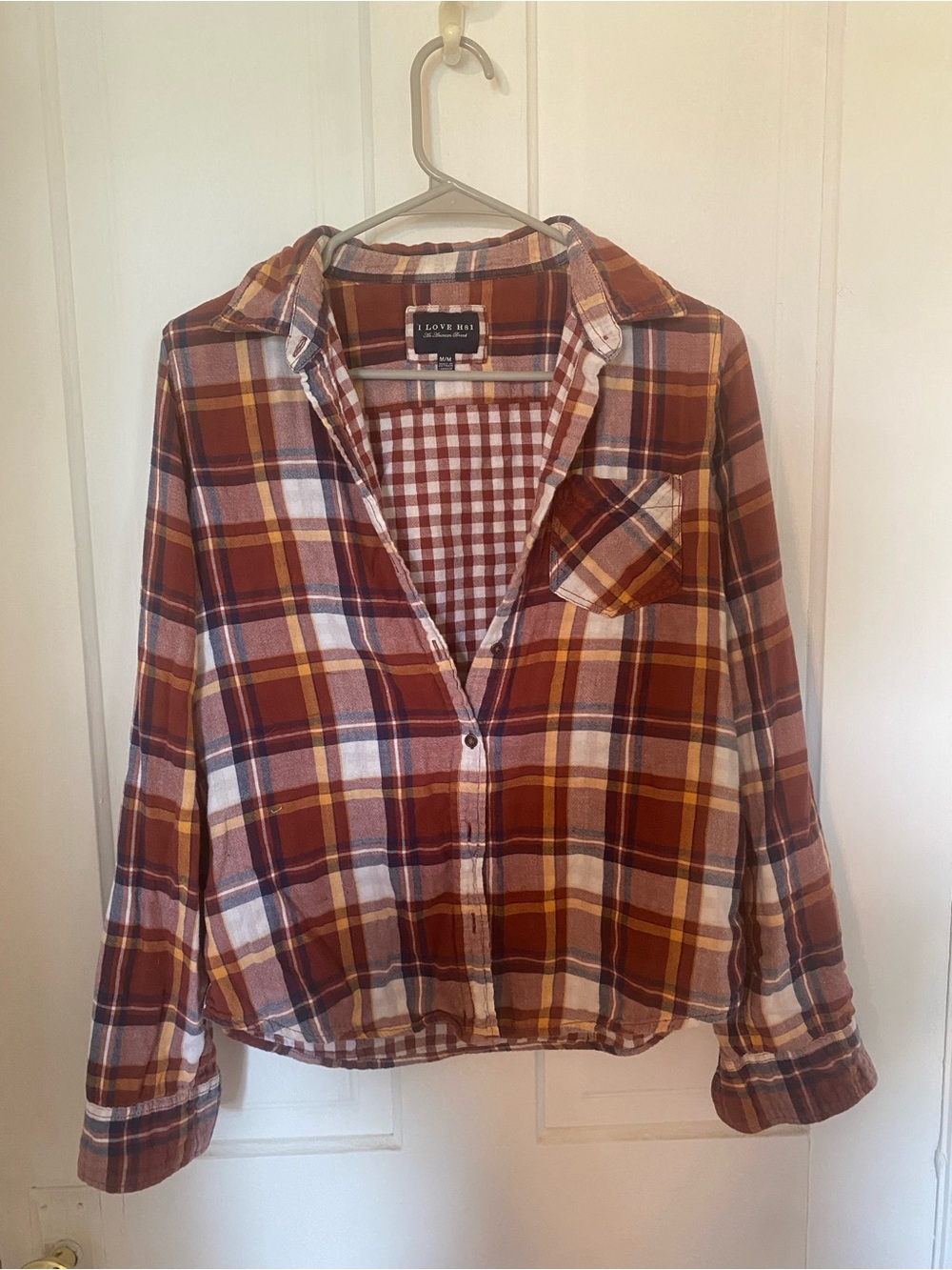 I love H81  Multi-Color Plaid Button-Down Shirt in Rust and White